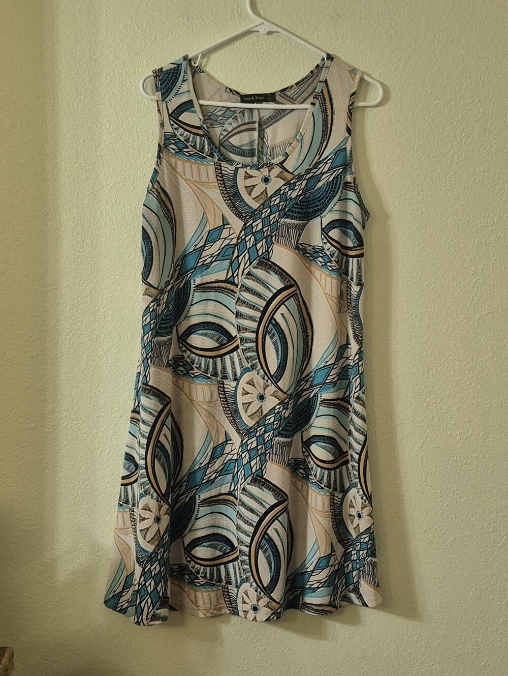 Sleeveless Geometric Midi Dress with Teal and Cream Print